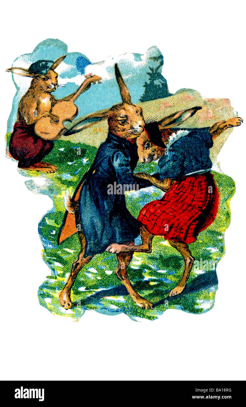 Nostalgische Osterhasen als Liebhaber tanzen auf dem Feld Stockfoto