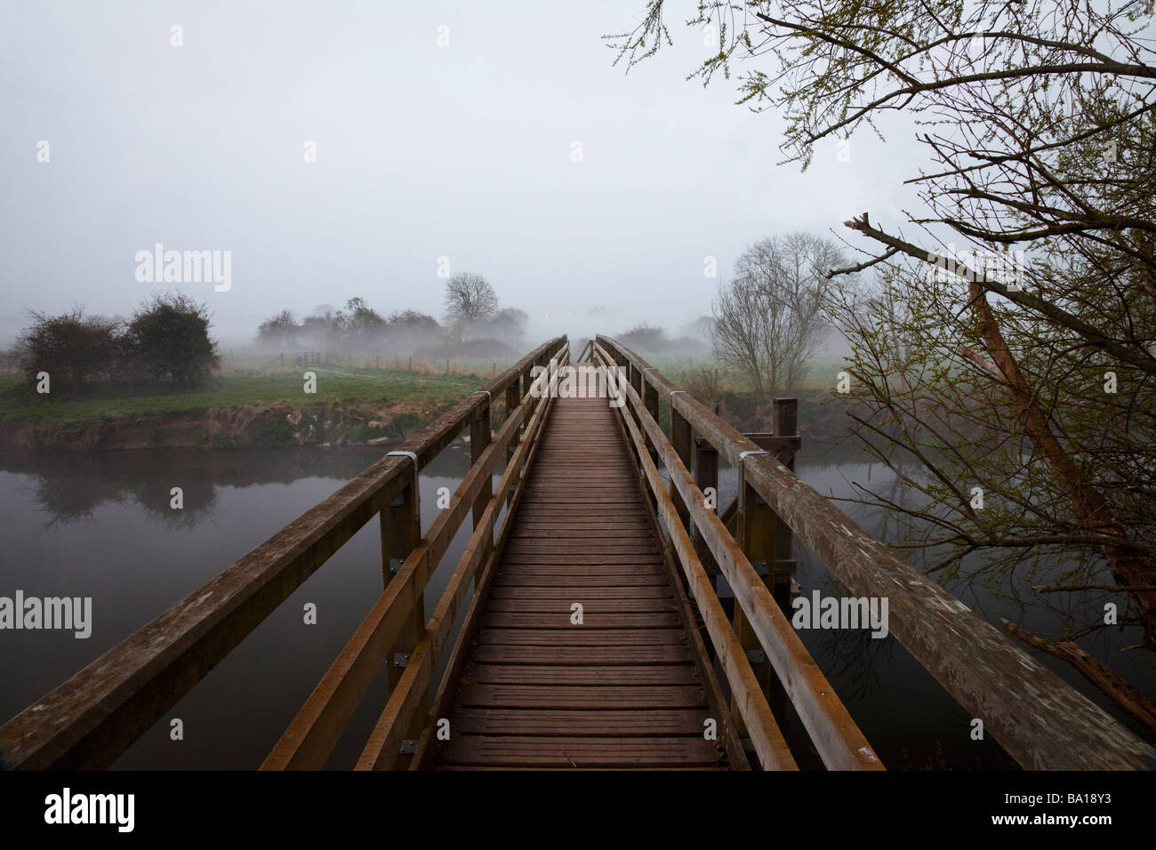 Brücke über Fluss Stour Wimborne an kalten nebligen April Morgen mit Reflexion der Bäume im Wasser. Stockfoto