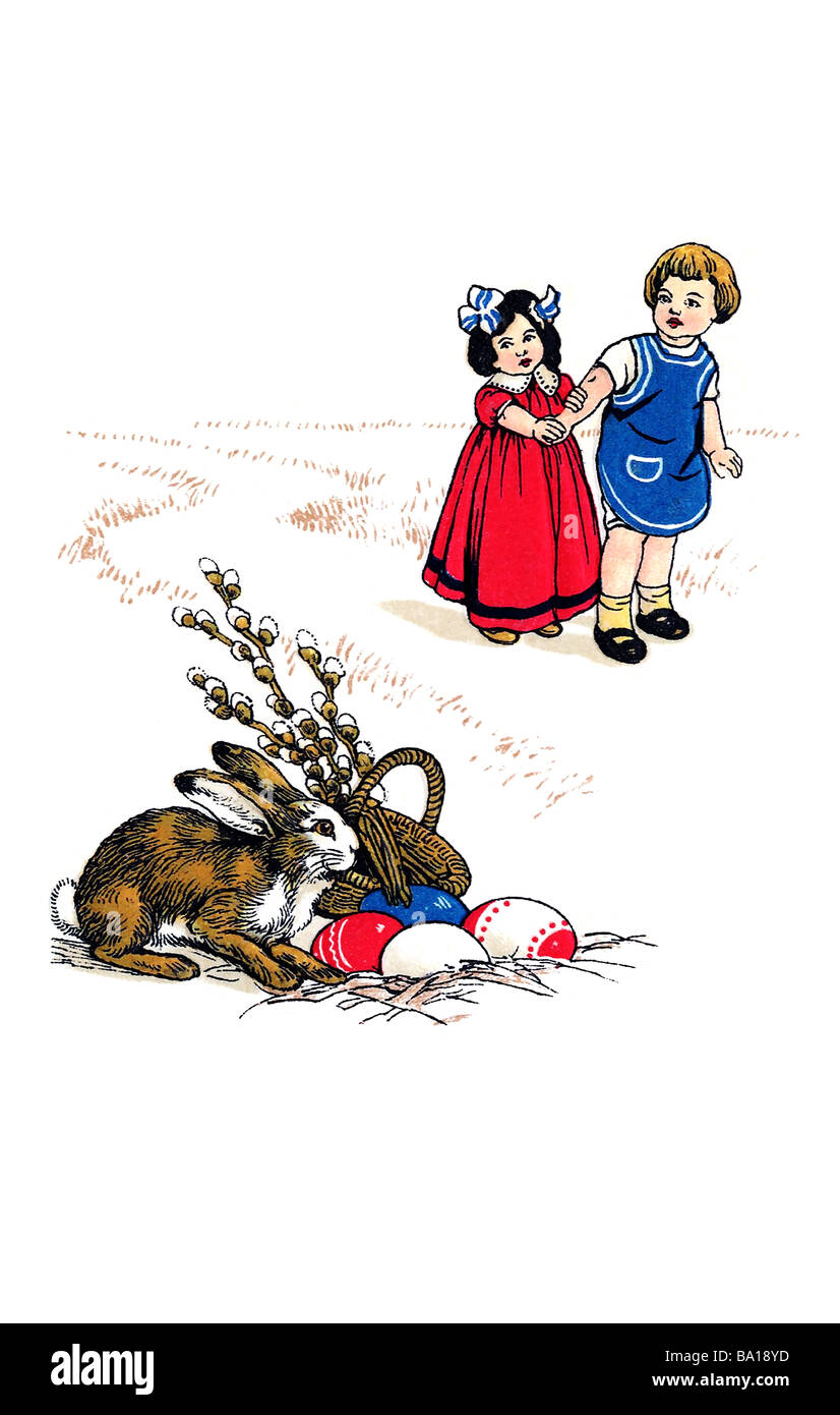 Nostalgische Osterhase mit Korb voller Eastereggs und Kinder Stockfoto