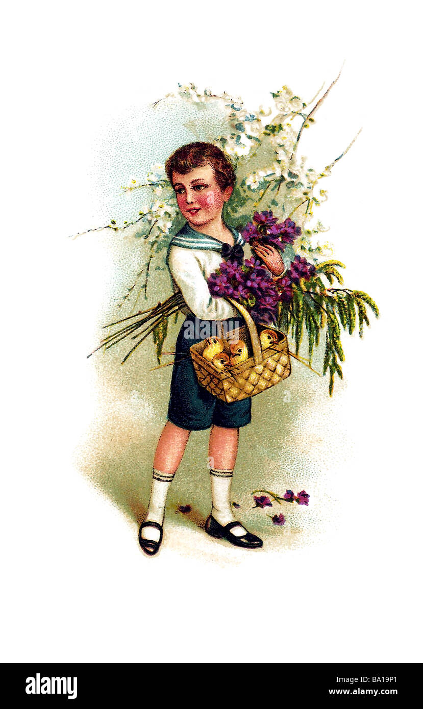 Nostalgische Riesen Ostern Easteregg und niedlichen kleinen Jungen mit Maiglöckchen mit Blumen Korb Stockfoto