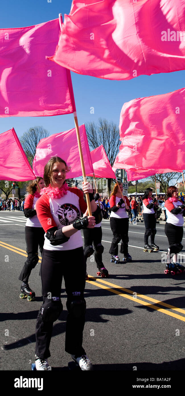 Rollergirls mit rosa Flaggen Stockfoto