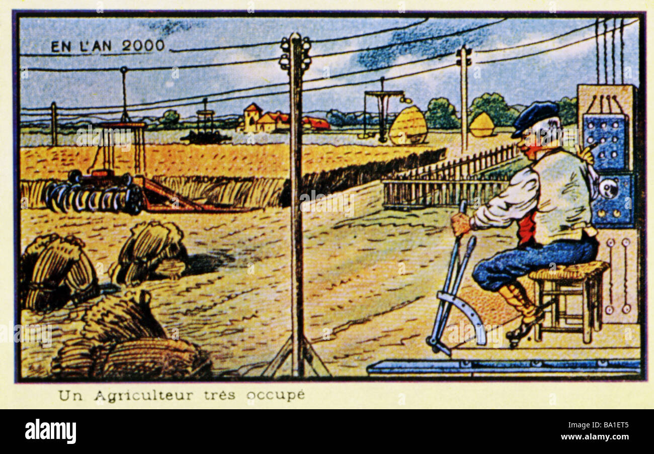 Zukunft, Vision "Im Jahr 2000", "EIN sehr besetzter Bauer", Farblithograph, Frankreich, 1910, Stockfoto