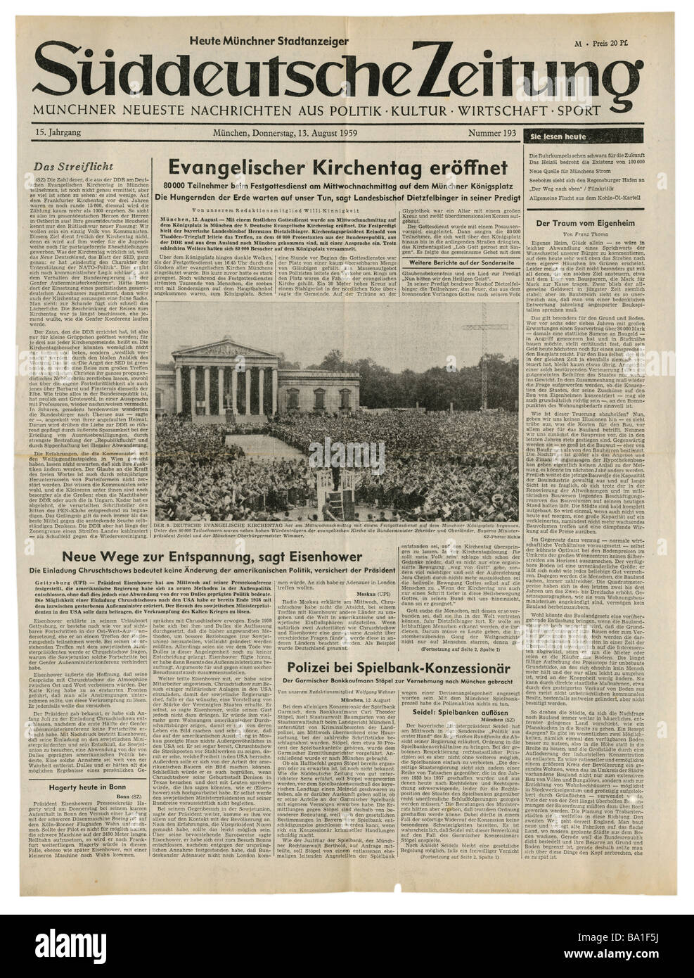 Presse/Medien, Zeitschriften, "Süddeutsche Zeitung", München, 15 Band, Nummer 193, Donnerstag 13.8.1959, Titel, Eröffnung des evangelischen Kirchenkongresses, Stockfoto