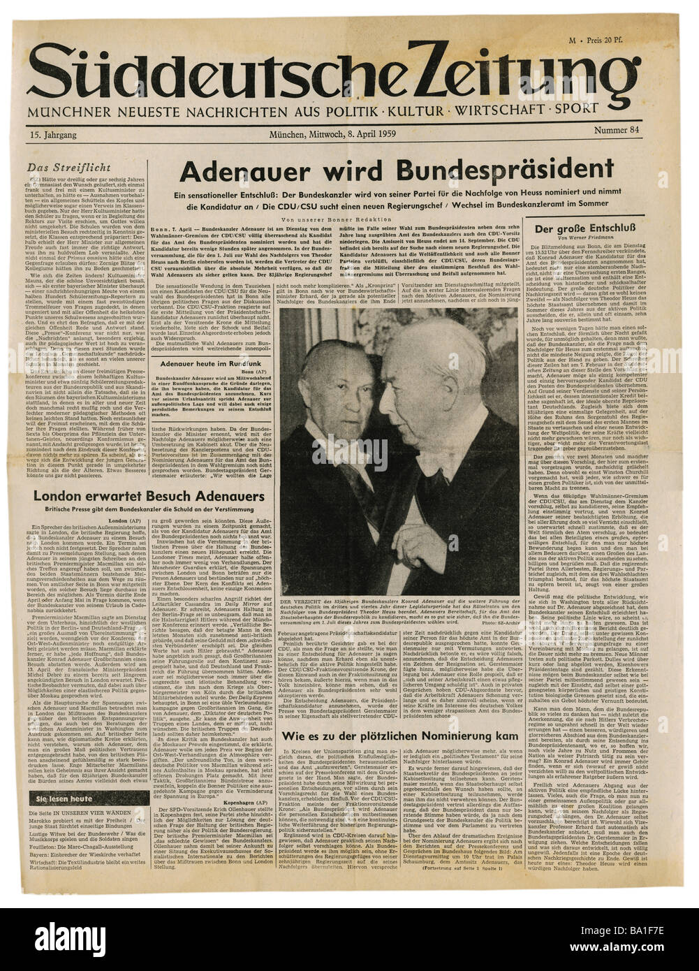 Presse/Medien, Zeitschriften, "Süddeutsche Zeitung", München, 15 Band, Nummer 84, Mittwoch, 8.4.1959, Titel, Adenauer-Kandidatur für Bundespräsident, Stockfoto