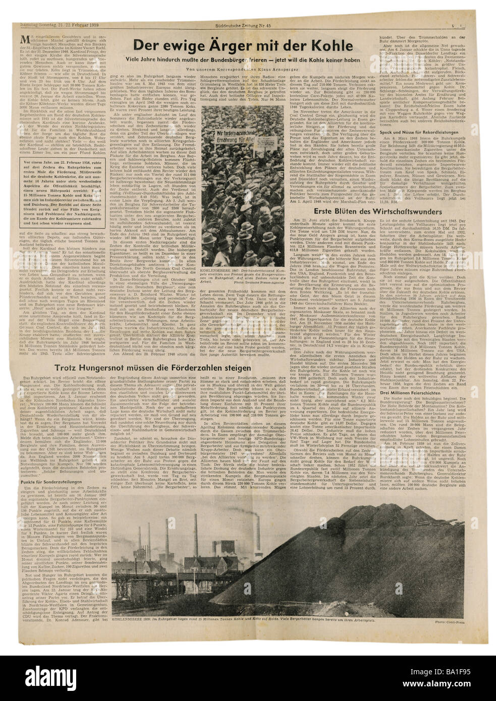 Presse/Medien, Zeitschriften, "Süddeutsche Zeitung", München, 15 Band, Nummer 45, Samstag/Sonntag 21. / 22.2.1959, Artikel, Probleme mit der Kohleförderung, Stockfoto