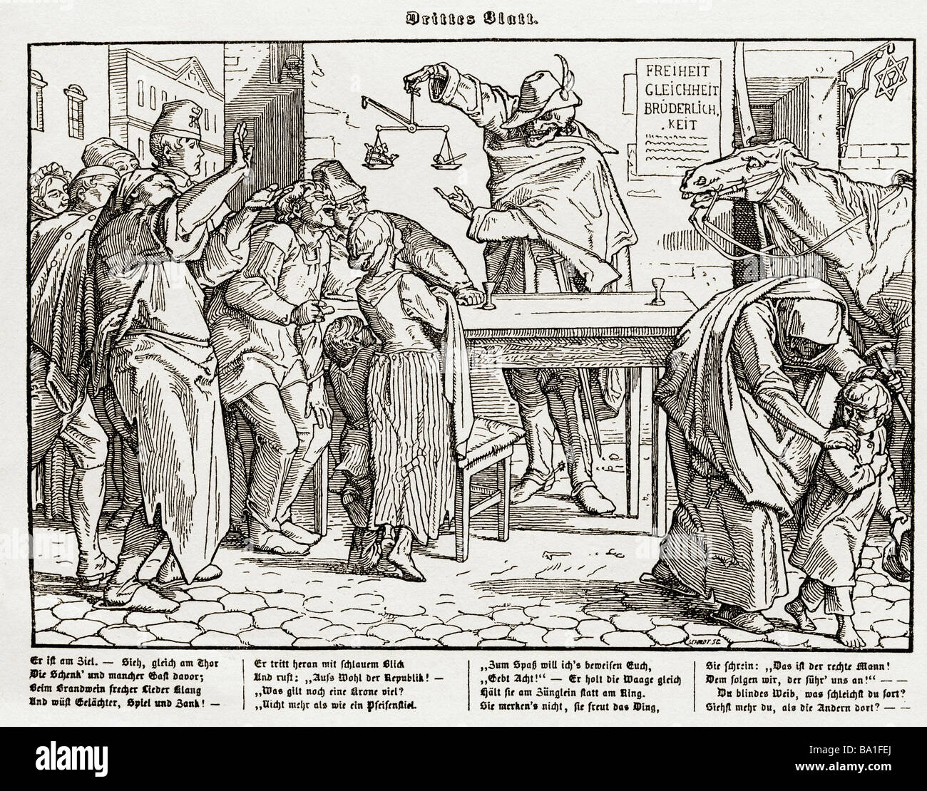 Bildende Kunst, Rethel, Alfred (16-1859), Grafik, Reihe "auch eine Todtentanz / aus dem Jahr 1848", Georg Wigand Verleger, Leipzig, 1848, drittes Blatt, Holzschnitt, Stockfoto