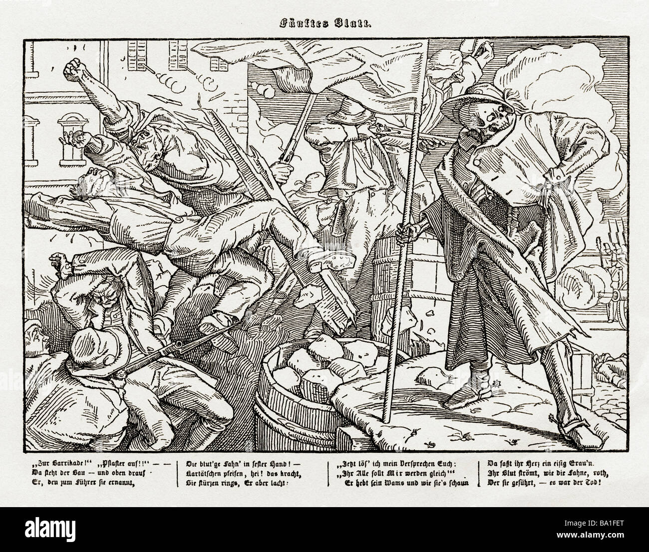 Bildende Kunst, Rethel, Alfred (16-1859), Grafik, Reihe "auch eine Todtentanz / aus dem Jahr 1848", Georg Wigand Verleger, Leipzig, 1848, fünftes Blatt, Holzschnitt, Stockfoto