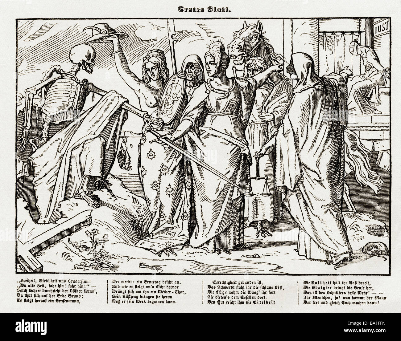 Bildende Kunst, Rethel, Alfred (16-1859), Grafik, Reihe "auch eine Todtentanz / aus dem Jahr 1848", Georg Wigand Verleger, Leipzig, 1848, erstes Blatt, Holzschnitt, Stockfoto