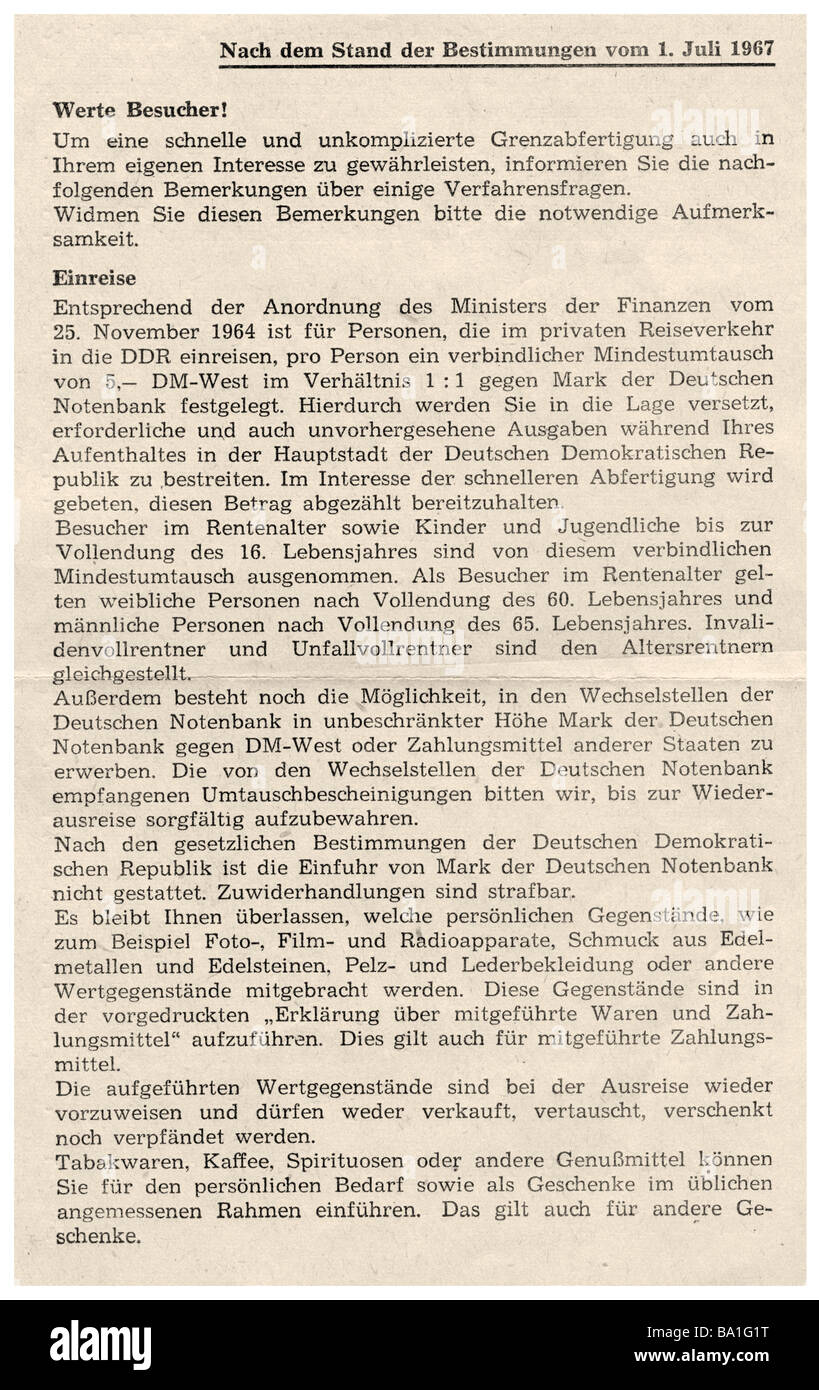 Geografie/Reisen, Deutschland, Ostdeutschland, Dokumente, Bedingungen für den Eintritt in die Deutsche Demokratische Republik vom 1.7.1967, Stockfoto