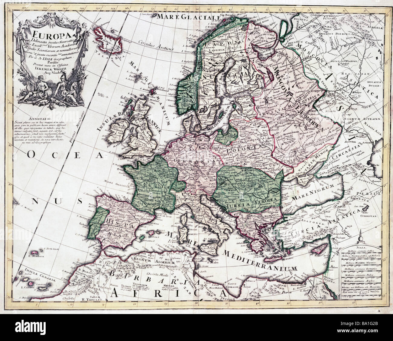 Kartographie, Karten, Europa, Karte von Guillaume de l'Isle (1675-1726), Kupferstich, farbig, von Jeremias Wolff, Augsburg, Deutschland, ca. 1710, Artist's Urheberrecht nicht geklärt zu werden. Stockfoto