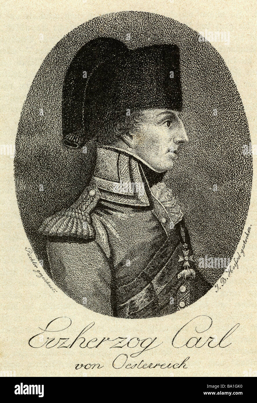 Charles, 5.9.1771 - 30.4.1847, Erzherzog von Österreich, österreichischer General, Porträt, Kupferstich von J. B. Hoessel nach Zeichnung Stockfoto