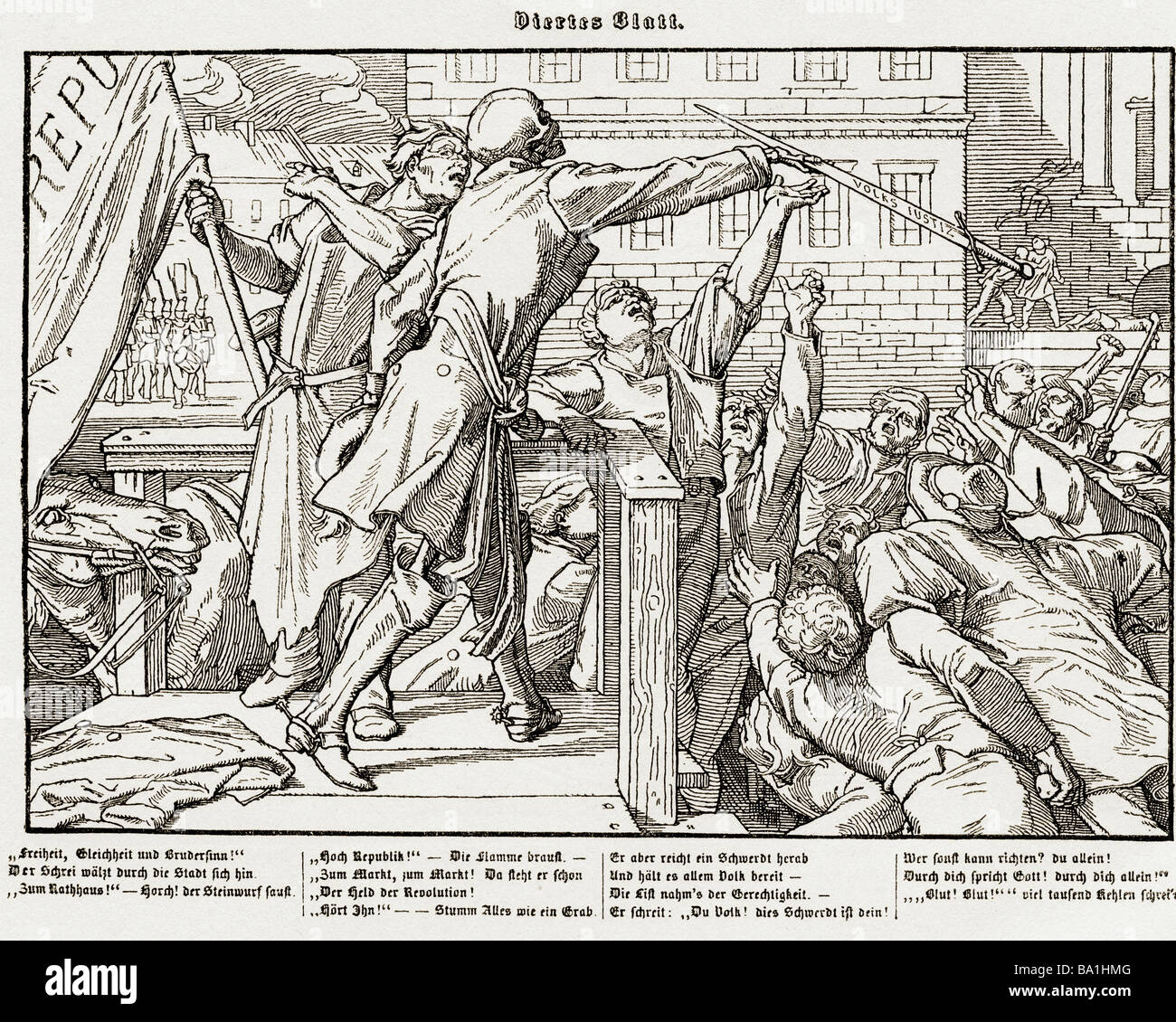 Bildende Kunst, Rethel, Alfred (16-1859), Grafik, Reihe "auch eine Todtentanz / aus dem Jahr 1848", Georg Wigand Verleger, Leipzig, 1848, Forth Sheet, Holzschnitt, Stockfoto