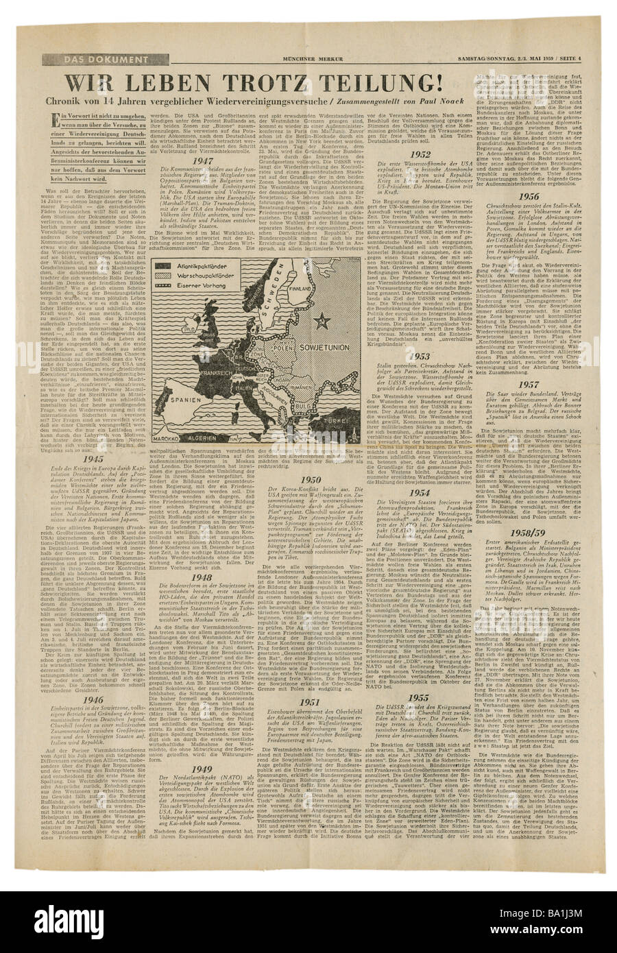 Presse/Medien, Zeitschriften, 'Münchner Merkur', München, Samstag/Sonntag 2. / 3.5.1959, Artikel, Chronik der 14 Jahre deutschen Teilung, Stockfoto