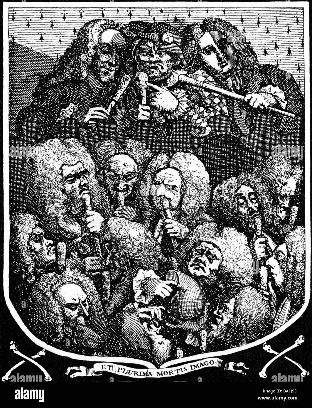 Medizin, Ärzte, Karikatur, die Zunft der Koronaren, Zeichnung von William Hogarth, 1751, Stockfoto