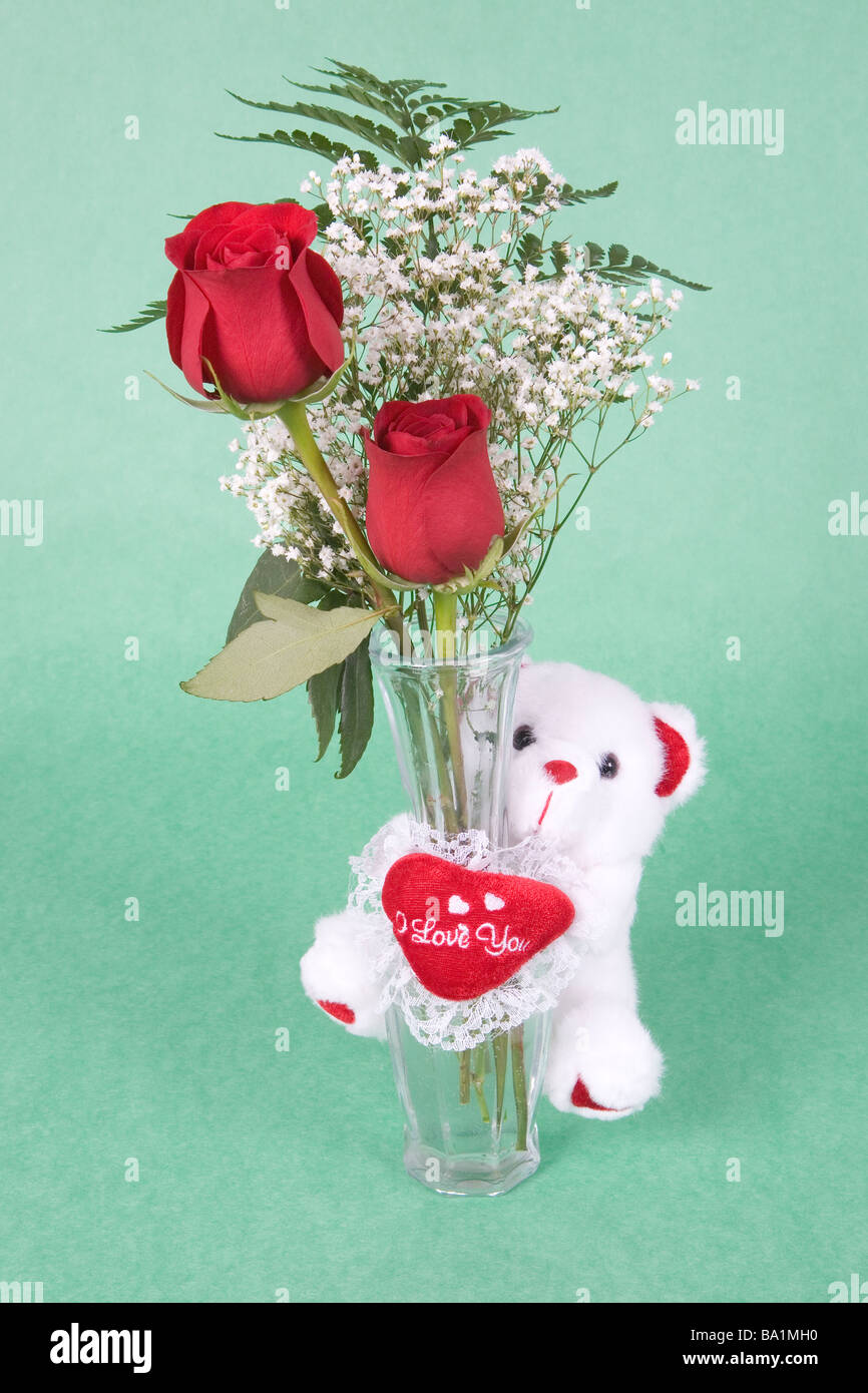 2 rote Rosen in Vase mit einem niedlichen kleine weiße Bären, der sagt "Ich  liebe dich Stockfotografie - Alamy