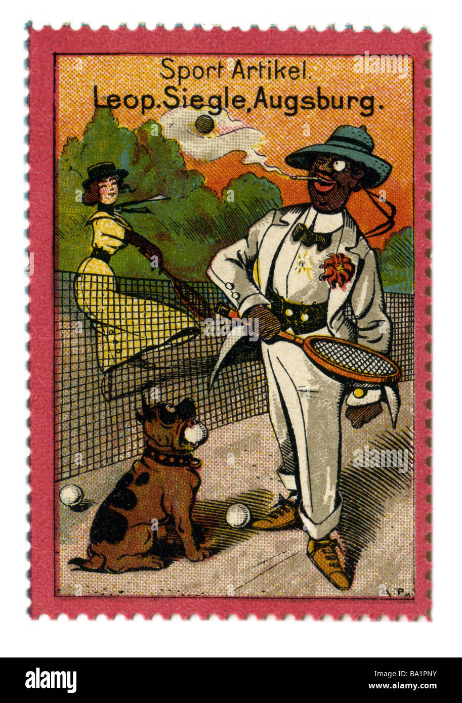 Werbung, Briefmarken, Sportartikel von Leopold-Siegle Augsburg, Deutschland, ca. 1910, Stockfoto