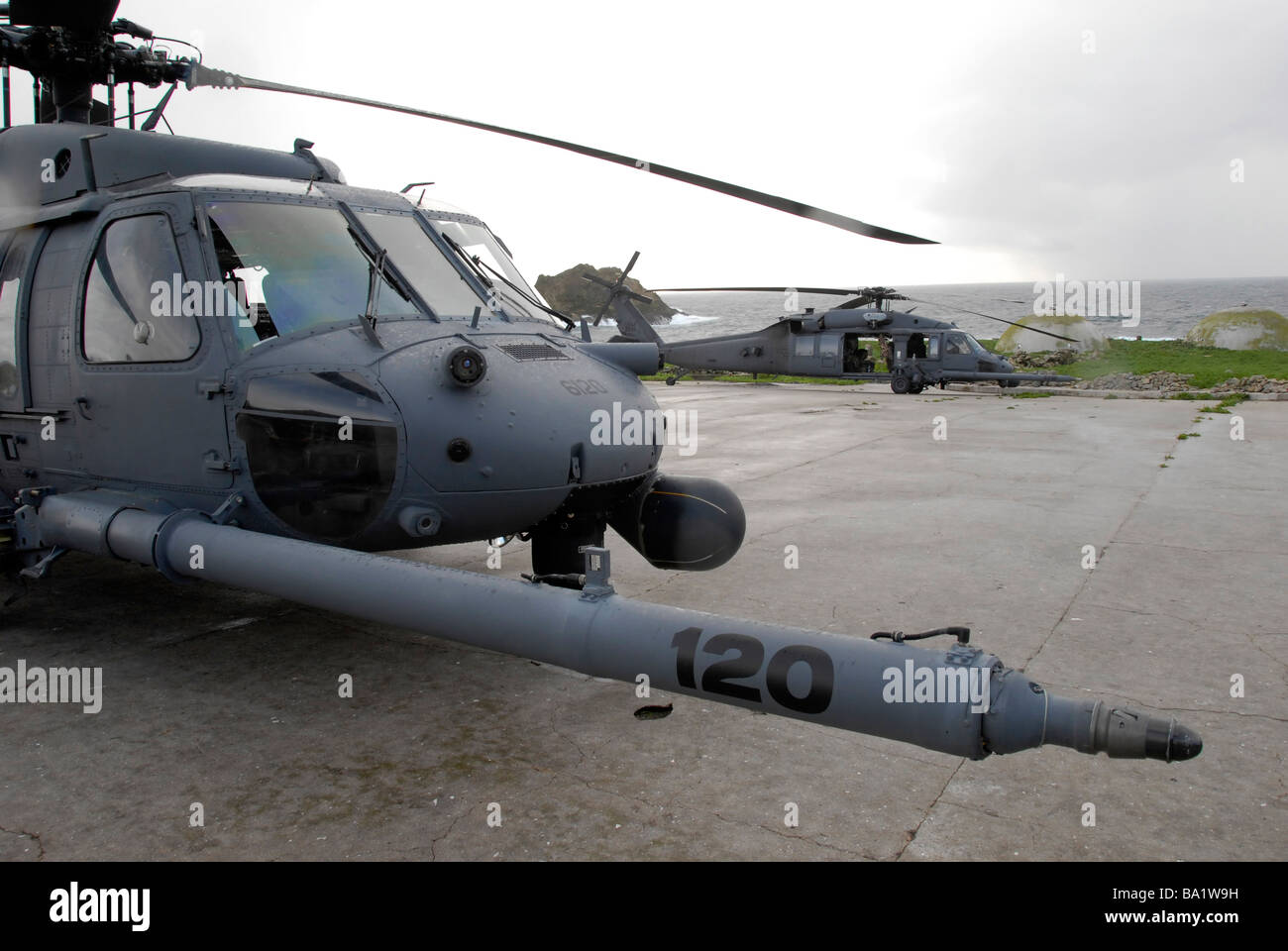 Zwei HH - 60G Pflastern Falken sitzen auf einem Hubschrauberlandeplatz in Farallon Island. Stockfoto