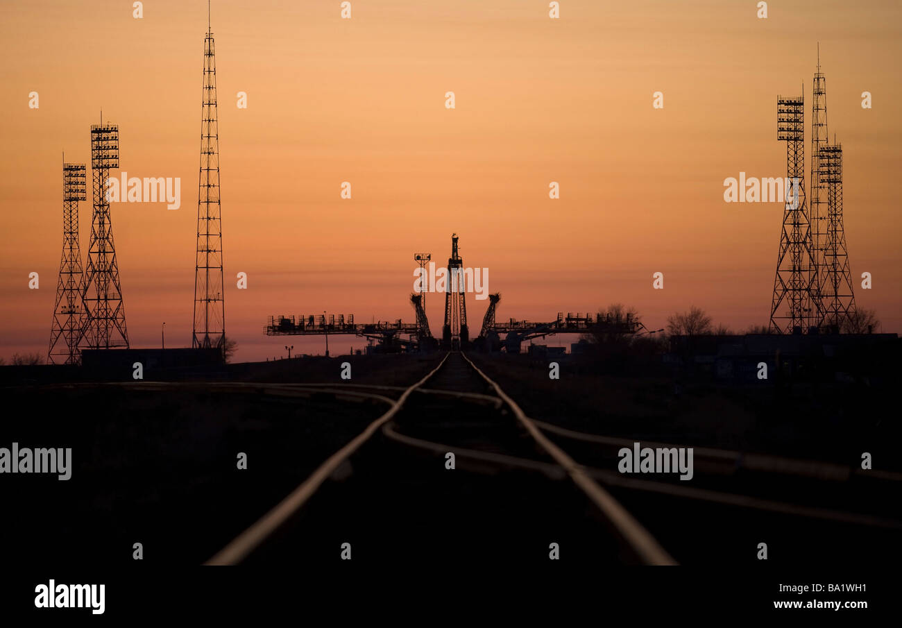 Die Sojus-Startrampe am Weltraumbahnhof Baikonur in Kasachstan. Stockfoto