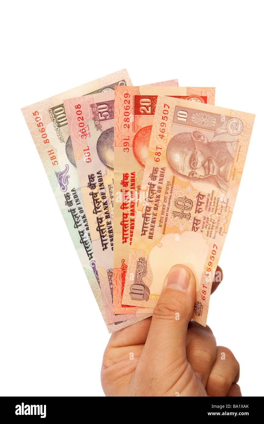 Geld männliche Hand, die Handvoll indische Währung Stockfoto