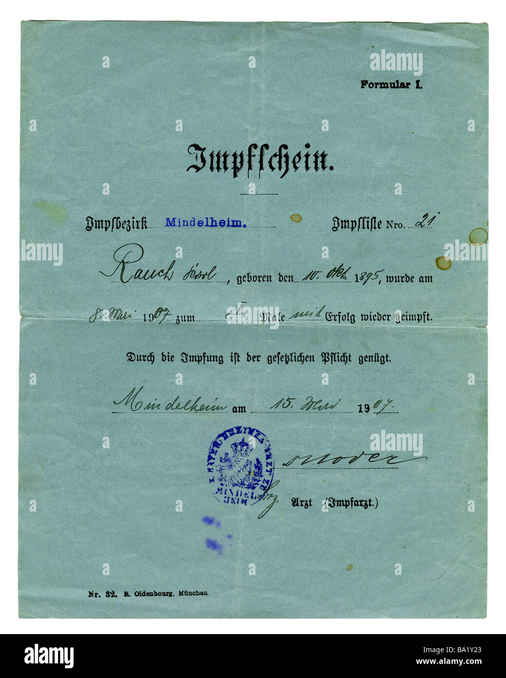 Dokumente, Impfzeugnis für Karl Rauch, ausgestellt am 15.5.1907, Stockfoto