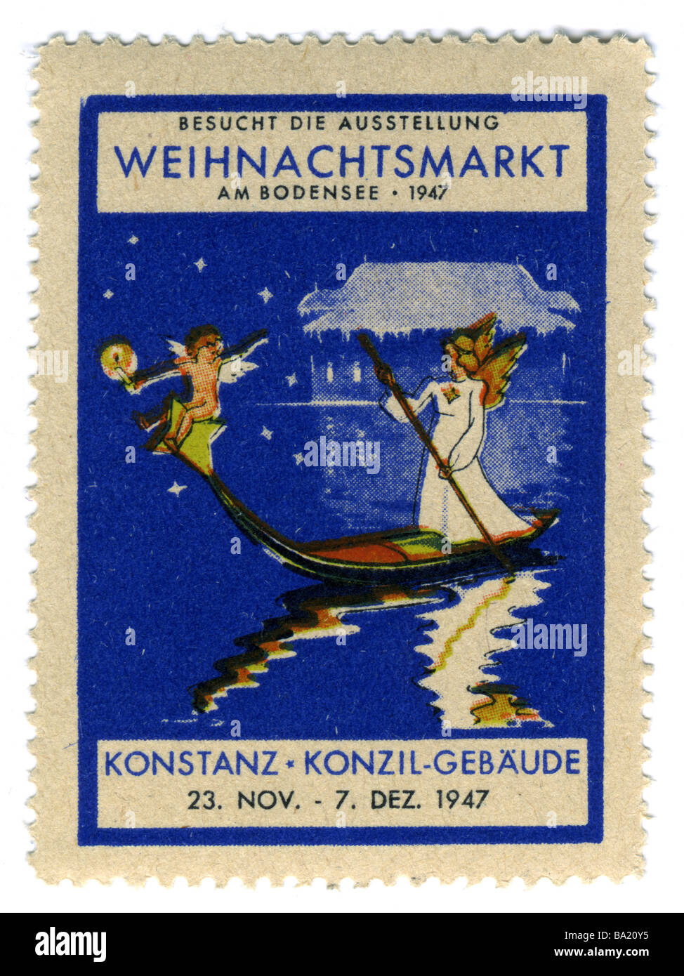 Werbung, Briefmarken, Weihnachtsmarkt-Fee, Konstanz am Bodensee, Deutschland, 23.11. - 7.12.1947, Stockfoto