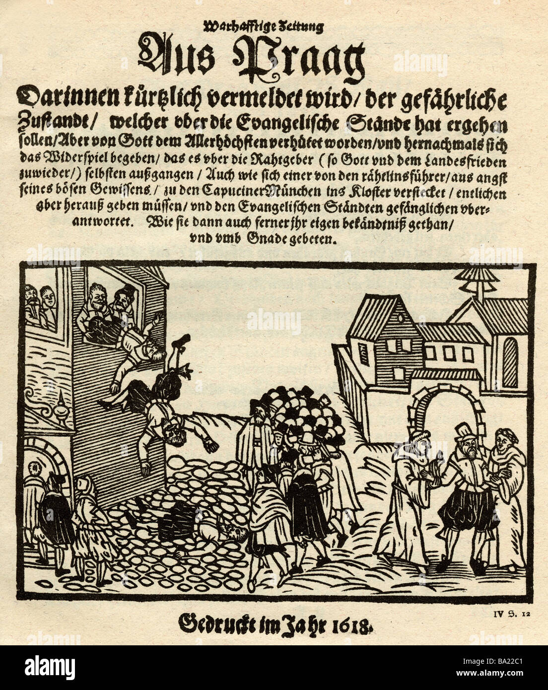 Ereignisse, Der Dreißigjährige Krieg 1618 - 1648, zweite Bewehrung von Prag, 23.5.1618, Holzschnitt, "Wahlhafte-Zeitung", 1618, Stockfoto