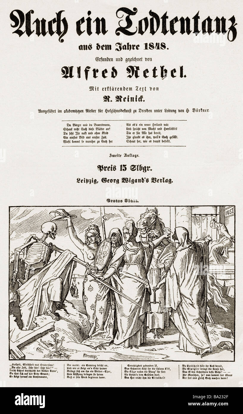 Bildende Kunst, Rethel, Alfred (16-1859), Grafik, Reihe "auch eine Todtentanz / aus dem Jahr 1848", Georg Wigand Verleger, Leipzig, 1848, Titel, Stockfoto