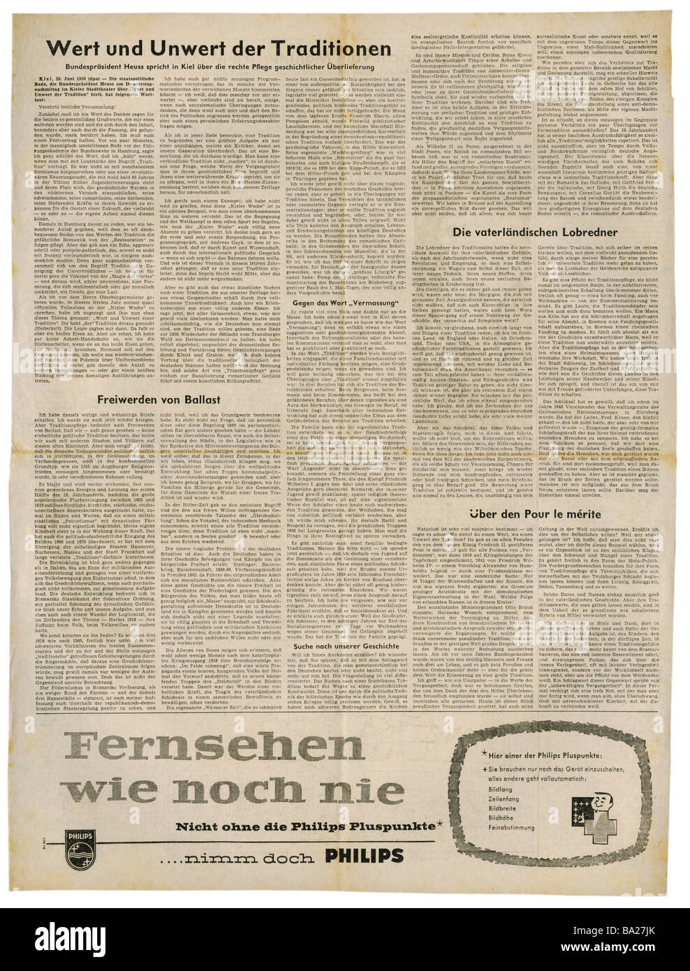 Presse/Medien, Zeitschriften, "Süddeutsche Zeitung", München, 15 Band, Nummer 153, Samstag/Sonntag 27. / 28.6.1959, Artikel, Rede von präsident Heuss über Traditionen, Stockfoto