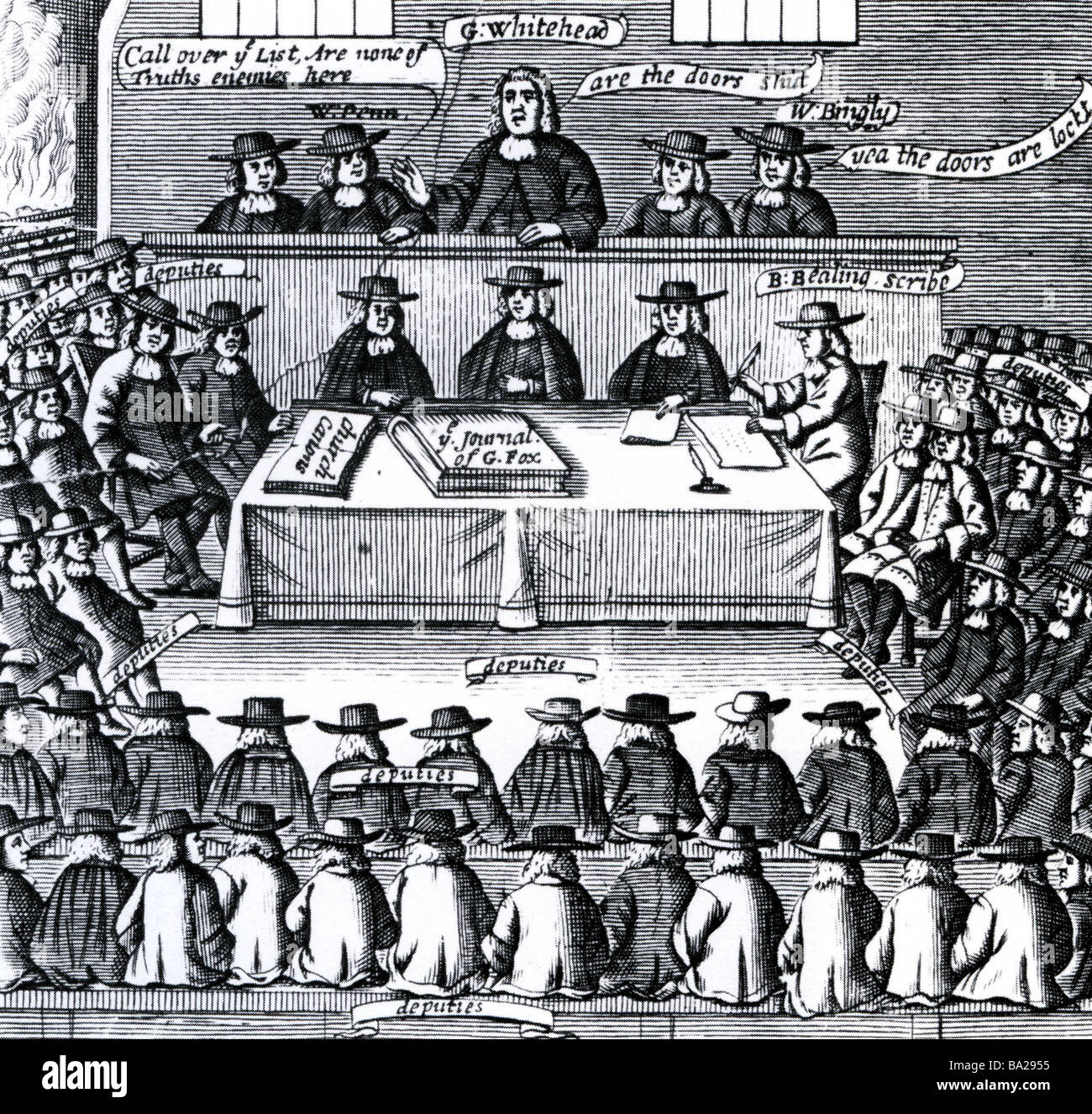 EIN englischer QUÄKER-Sitzung im frühen 18. Jahrhundert gezeigt in einer zeitgenössischen Drucken Stockfoto