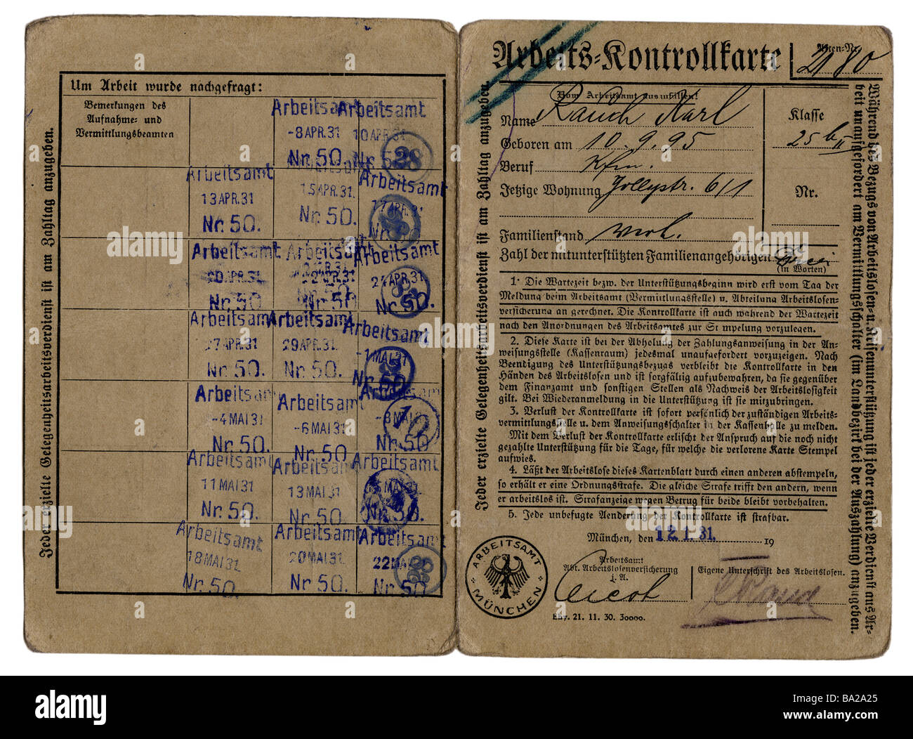 Personen, Arbeit/Arbeiter, Arbeitsentlassung/Arbeitslosigkeit, Arbeitsprüfungskarte, Eintragskarte von Karl Rauch, Arbeitsamt München, ausgestellt am 12.1.1931, Stockfoto
