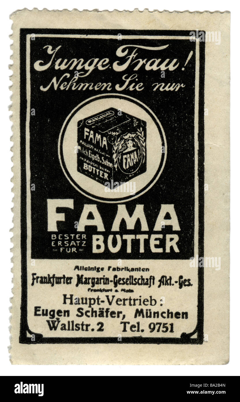 Werbung, Briefmarken, Fama-Butter, Frankfurter Margarinekompanie, Eugens Schäfers, München, Deutschland, ca. 1910, Stockfoto