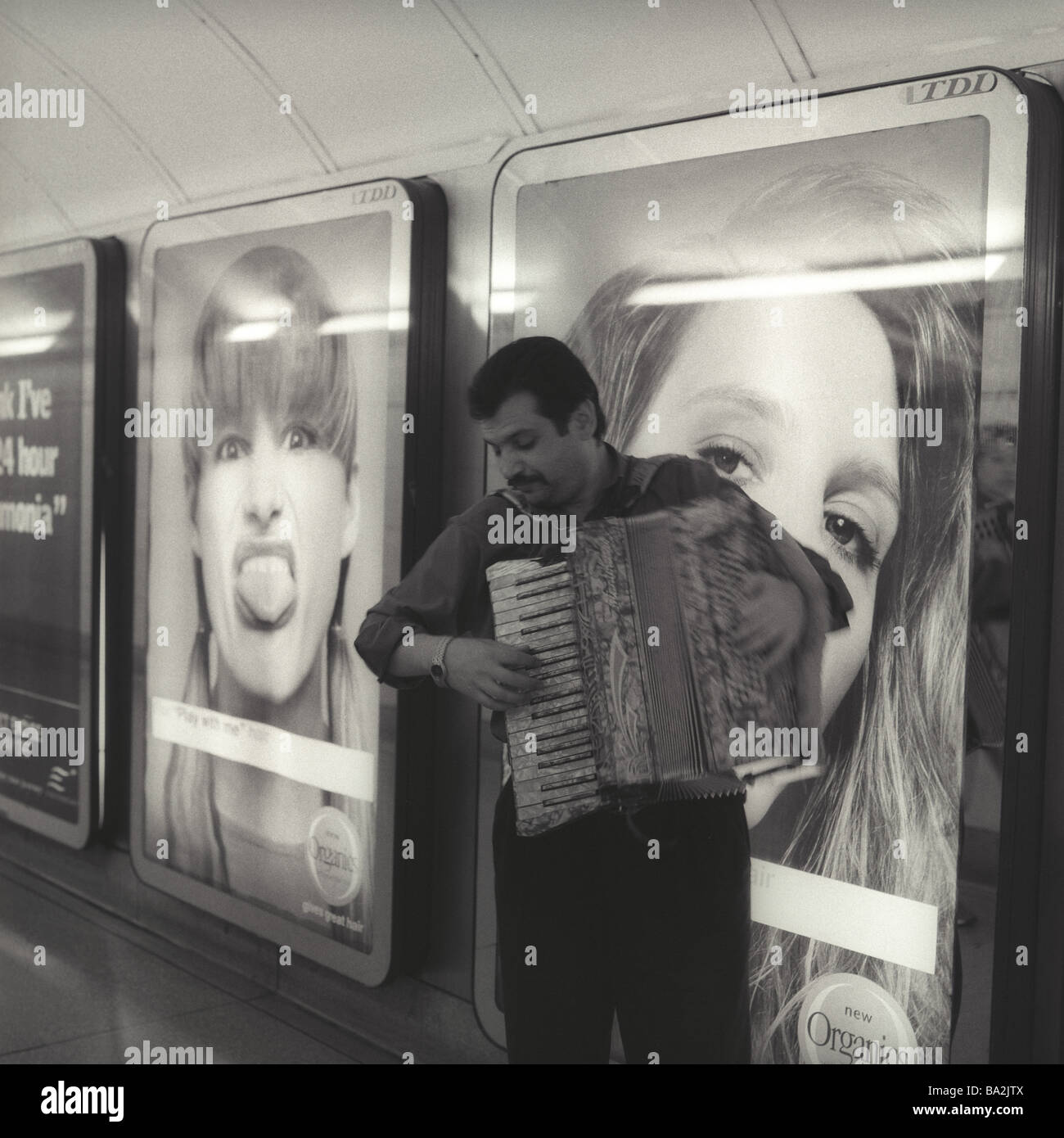 Mann Akkordeon Hintergrund Plakate s/w spielt keine Modelle Release Musiker Straßenmusiker Straßenkünstler Musik macht Musik Stockfoto