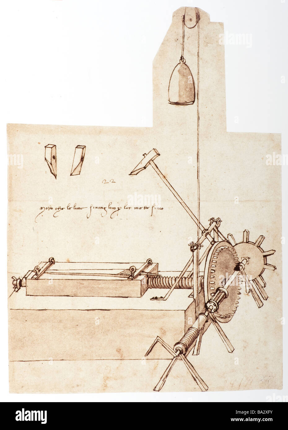Zeichnung einer Datei-Schneidemaschine von Leonardo da Vinci 1480 Feder und Tinte Stockfoto