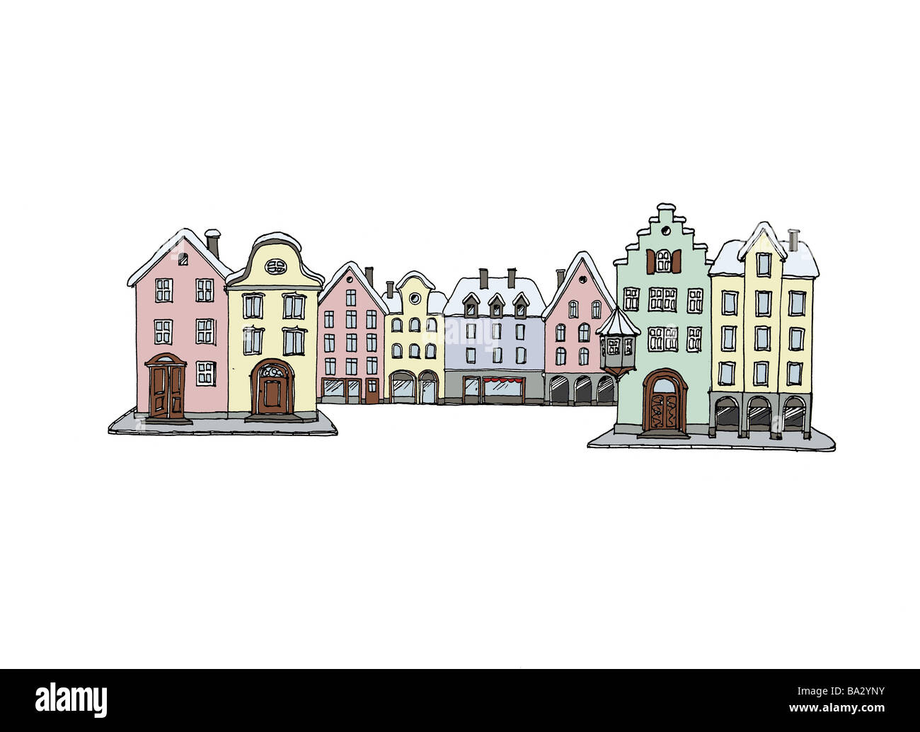 Computergrafik Reihe der Häuser bunt Stadt alten Teil der Stadt Fassaden alten Teil der Stadt-Fassaden Häuserzeile Giebel-Häuser Stockfoto
