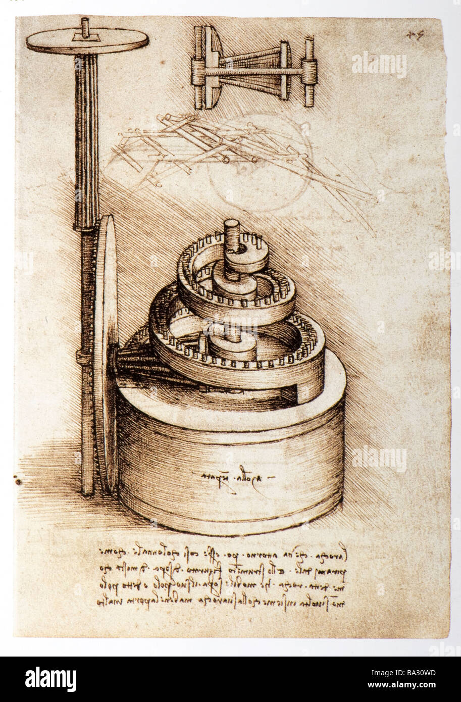 Temperiert Frühling mit Volute Gear von Leonardo da Vinci 1493-1497 Feder und Tinte Stockfoto