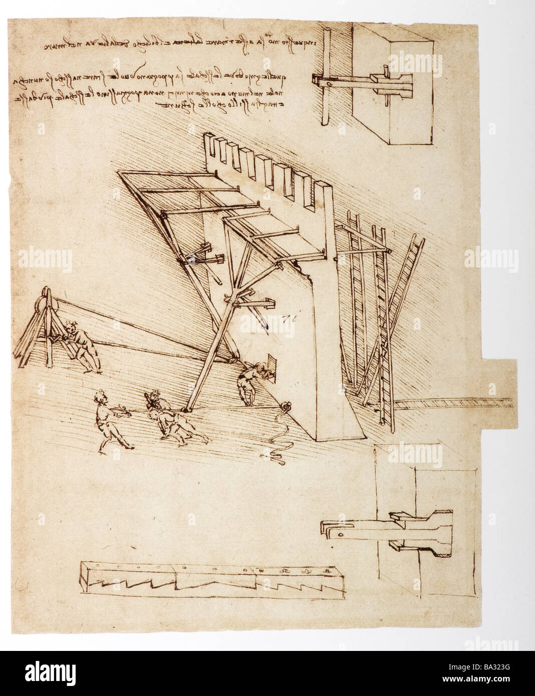 Mechanismus für Repulsing Skalierung Leitern von Leonardo da Vinci 1480 Feder und Tinte über Kreide Stockfoto
