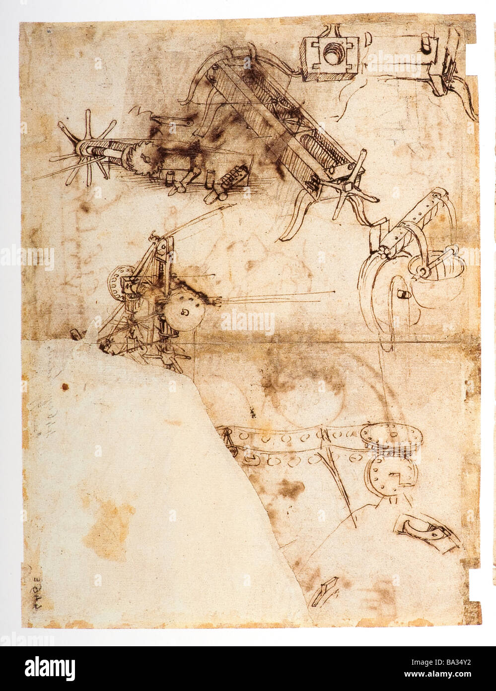 Mechanismus für Armbrüste Zeichnung von Leonardo da Vinci 1478 Feder und Tinte Stockfoto