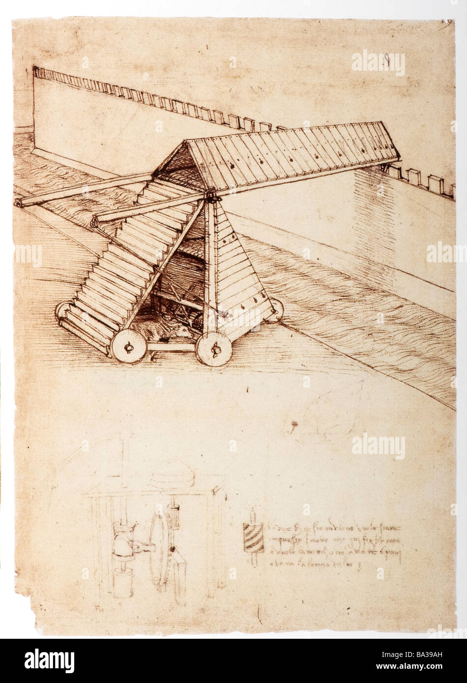 Design für eine Belagerungsmaschine mit überdachten Brücke von Leonardo da Vinci 1480 Feder und Tinte Stockfoto