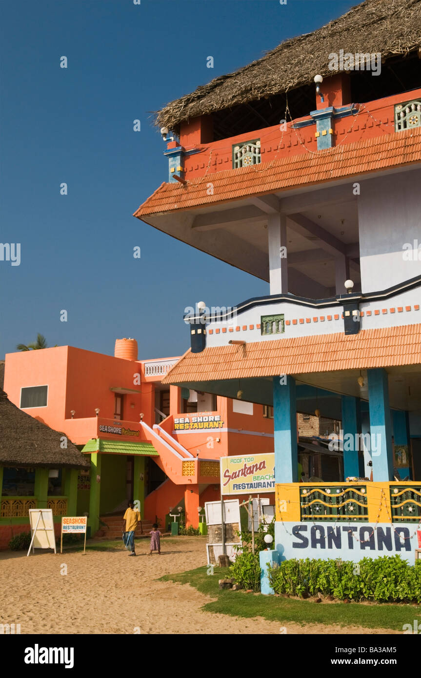 Restaurants am Meer Mahabalipuram Tamil Nadu, Indien Stockfoto