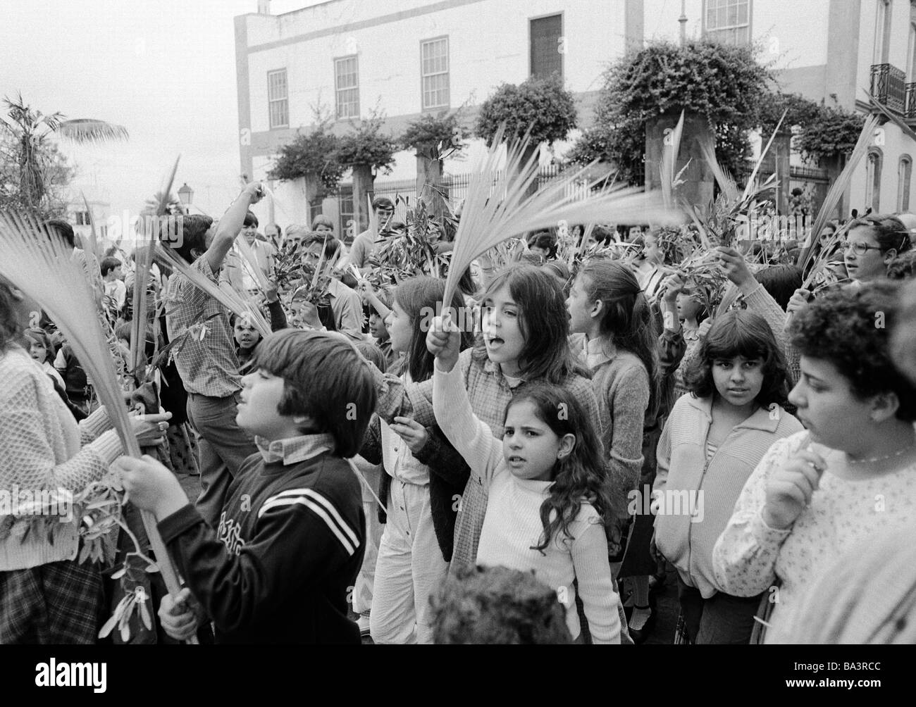 Achtziger Jahre, schwarz / weiß Foto, Ostern, Karwoche, Palmsonntag 1981, Kirche Parade, Kinder Welle Palmzweige, im Alter von 4 bis 12 Jahre, Spanien, Kanarische Inseln, Kanaren, Teneriffa, La Orotava Stockfoto