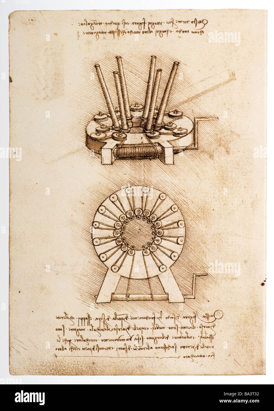 Heben Sie mit beweglichen Rollen und Seilwinde von Leonardo da Vinci 1493-1497 Feder und Tinte Stockfoto