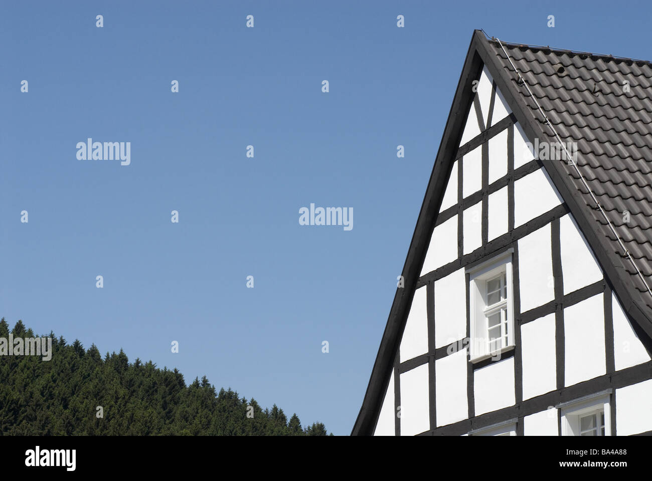 Fachwerk-Haus Detail Windows Windows-Sprosse Dach Dachziegel Himmel Wald Bäume Deutschland Bergisches Land Nord Stockfoto