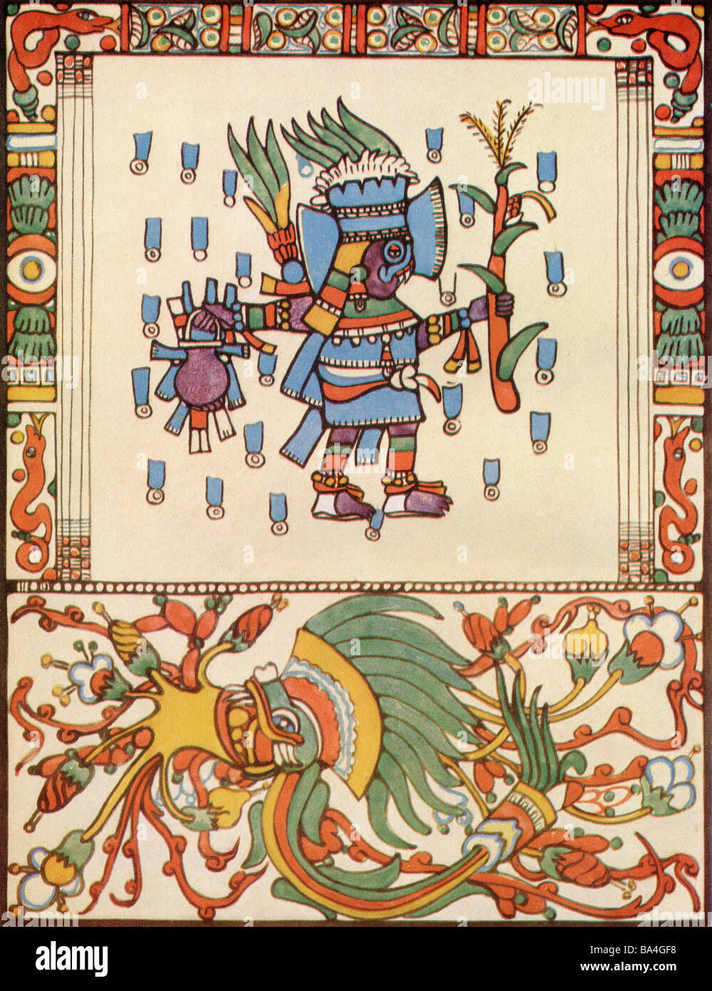 Tlaloc der Regengott aus dem Codex Vaticanus.  Eine Gottheit in der aztekischen Religion ein Gott der Fruchtbarkeit von Regen und Wasser Stockfoto