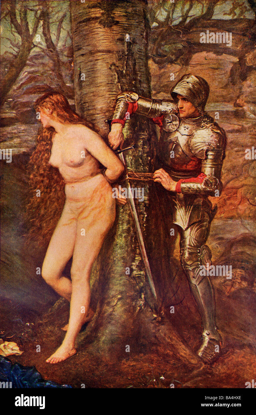 Ein Knight Errant eine holde Maid in Not zu retten. Abbildung der mittelalterlichen ritterlichen romantischen Literatur. Stockfoto