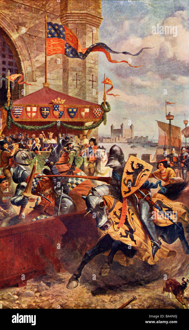 Joust auf die London Bridge im Jahre 1390 zwischen David de Lyndsays, Graf von Crawford und Lord John de Welles, Botschafter von König Richard II. Stockfoto