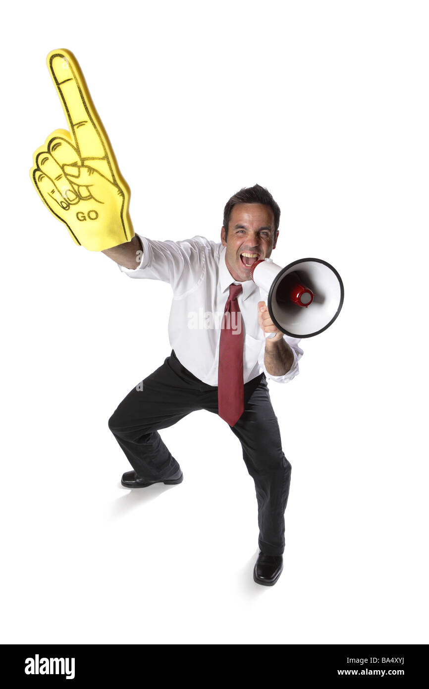 Geschäftsmann mit Megaphon und Schaum Finger isoliert auf weiss Stockfoto