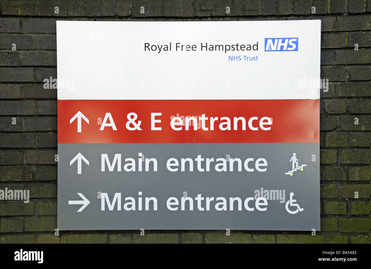 Richtung Board Royal Free Hospital Hampstead London England UK Stockfoto