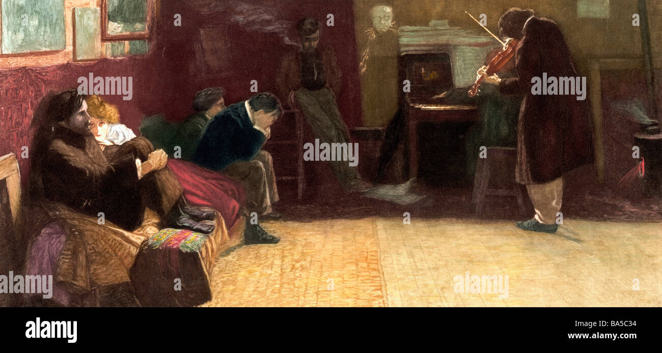 Beethoven - fünf Leute sitzen auf der linken Seite mit einem Mann hören spielen der Violine und ein Mann mit dem Klavierspiel. Stockfoto