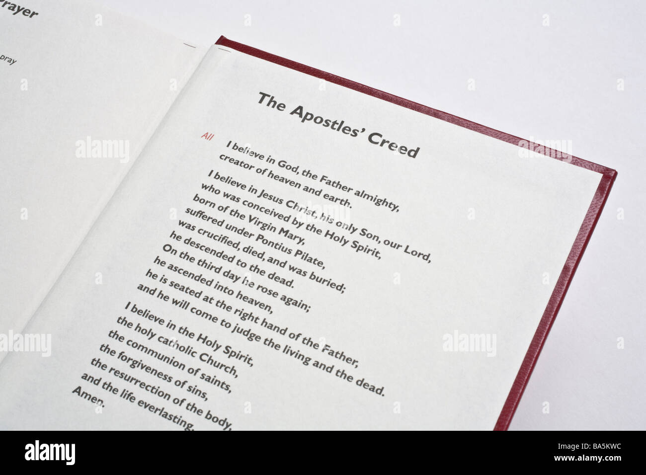 Apostel Creed das christliche Gebet gedruckt in einem Buch der Gebete Stockfoto