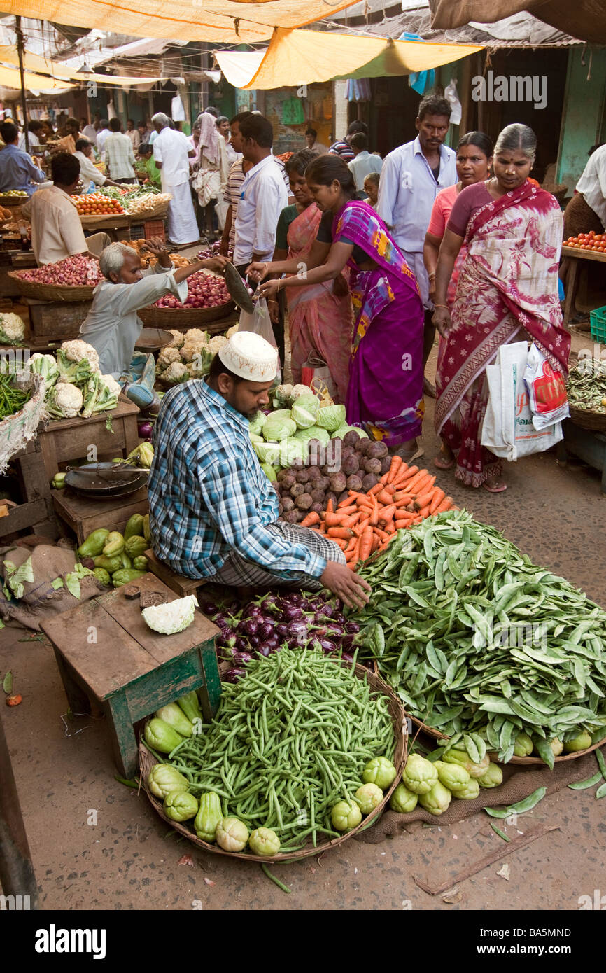 Indien-Tamil Nadu Tiruvannamalai Stadtzentrum Basar Frauen Einkaufen bei Gemüse stall Stockfoto